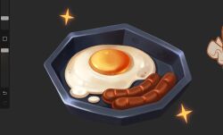 art_program_in_frame bacon commentary egg_(food) english_commentary food food_focus fried_egg frying_pan grey_background highres no_humans original sarenhale sparkle still_life