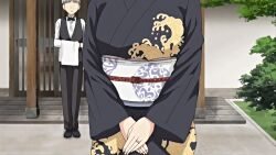 1girl 2020 20s animated animated_gif bob_cut butler grey_hair hitozuma_mitsu_to_niku japanese_clothes jewelry kimono lipstick makeup mature_female okusama_(hitozuma_mitsu_to_niku) queen_bee_(animation_studio) ring standing tagme wedding_ring yukata
