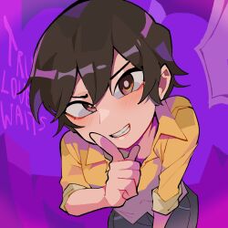 Rule 34 | 1girl, absurdres, bent over, brown eyes, brown hair, commentary, diforland, english text, finger to mouth, grin, highres, index finger raised, original, perspective, riko ahry, shirt, short hair, shushing, sleeves rolled up, smile, solo, upper body, yellow shirt