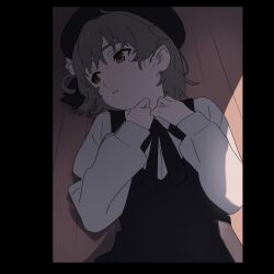 1girl absurdres baylego beret black_border black_ribbon black_skirt border brown_eyes brown_hair collared_shirt flower hair_flower hair_ornament hair_rings hat hatoba_tsugu head_tilt highres letterboxed long_sleeves looking_at_viewer lying mole mole_under_eye neck_ribbon parted_lips ribbon rose shirt skirt solo suspender_skirt suspenders tsugu_(vtuber) virtual_youtuber white_flower white_rose white_shirt