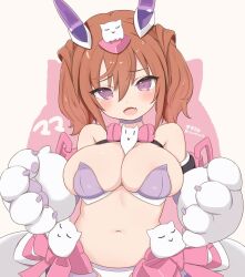 alice_gear_aegis animal_hands bare_shoulders breasts brown_hair cleavage creature fang gloves hair_between_eyes highres kimikage_yui large_breasts mecha_musume nontraditional_playboy_bunny open_mouth paw_gloves purple_eyes revealing_clothes robot_ears seseragi_(star4rats) showgirl_skirt sidelocks twintails