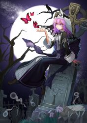 Rule 34 | 1girl, arm garter, bare tree, bird, black bow, black dress, black hat, black ribbon, bow, bug, butterfly, character name, cross, crow, dress, female focus, fence, flower, full moon, ghost, grass, graveyard, hat, highres, insect, koumajou densetsu, koumajou densetsu 2, long sleeves, moon, neck ribbon, night, pink eyes, pink hair, recare, ribbon, saigyouji yuyuko, sash, shoes, sitting, skull, sky, solo, star (sky), starry sky, stone, tombstone, touhou, tree, triangular headpiece, veil, white flower