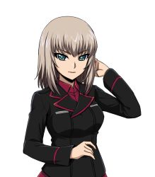 Rule 34 | 10s, 1girl, black jacket, blue eyes, closed mouth, dress shirt, female focus, girls und panzer, grey hair, hat, itsumi erika, jacket, kuromorimine military uniform, long hair, long sleeves, looking at viewer, military, military uniform, red shirt, shinmai (kyata), shirt, skirt, solo, transparent background, tsurime, unworn hat, unworn headwear, upper body