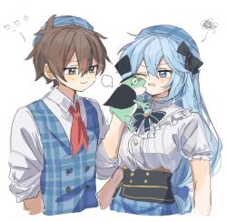 1boy 1girl absurdres animal annoyed aqua_(konosuba) belt black_belt black_bow black_corset black_sash blue_bow blue_bowtie blue_coat blue_eyes blue_hair blue_skirt blush bow bowtie brown_hair buttons coat contemporary corset double-breasted formal_clothes frilled_sleeves frills green_eyes hair_between_eyes hair_bow hair_ornament hand_on_another&#039;s_cheek hand_on_another&#039;s_face happy hat hetero high_ponytail highres jacket kono_subarashii_sekai_ni_shukufuku_wo! light_smile long_hair long_sleeves looking_at_another low-tied_long_hair necktie one_eye_closed open_mouth pekeheihou pinstripe_pattern plaid_clothes plaid_headwear plaid_skirt plaid_vest playing ponytail puffy_short_sleeves puffy_sleeves puppet red_tie sash satou_kazuma shirt short_hair short_sleeves simple_background skirt smile suit suit_jacket tailcoat toad_(animal) top_hat very_long_hair vest white_background white_shirt