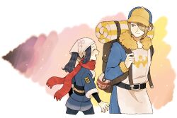 Rule 34 | 1boy, 1girl, :d, akari (pokemon), backpack, bag, belt, black belt, black hair, black sash, black shirt, blonde hair, blue jumpsuit, brown bag, closed eyes, commentary request, hair over one eye, hat, headscarf, holding strap, jacket, jumpsuit, logo, long hair, looking to the side, nintendo, open mouth, pao cha n, pokemon, pokemon legends: arceus, ponytail, sash, shirt, sidelocks, skirt, smile, volo (pokemon)