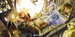 2boys absurdres ahoge alcohol altar architecture bamboo_screen bead_necklace beads belt bird_wings black_belt black_gloves black_pants black_robe blue_hair bonsai boots braid bridal_gauntlets cape chinese_clothes chinese_commentary closed_mouth coat commission coral_hair_ornament cup east_asian_architecture feather_trim figure figure_four_sitting fins flower food foot_out_of_frame fruit fur-trimmed_boots fur-trimmed_cape fur-trimmed_gloves fur_trim gloves grey_robe grey_shirt hair_between_eyes half_up_braid hanging_scroll hazel_grouse_soup_(the_tale_of_food) head_fins high_collar highres holding holding_cup holding_skewer indoors jar jewelry lantern lattice layered_sleeves long_hair long_sleeves looking_at_another looking_to_the_side male_focus meat medium_hair multiple_boys multiple_necklaces necklace official_alternate_costume pants parted_bangs pink_flower plant pom_pom_(clothes) potted_plant procreate_(medium) red_belt red_eyes red_hair robe round_window scroll seed seiza shirt shuling shunde_raw_fish_(the_tale_of_food) side_braid sitting skewer smile sunflower_seed table tassel the_tale_of_food toasting_(gesture) tooth_necklace watermark watermark_grid weibo_watermark white_bridal_gauntlets white_coat wide_sleeves window wings
