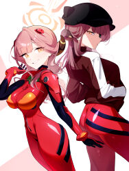 2girls absurdres alternate_costume animal_ear_headwear aru_(blue_archive) black_hat black_jacket blue_archive blunt_bangs bodysuit breasts broken_horns cleavage cosplay demon_girl demon_horns dual_persona evangelion:_3.0_you_can_(not)_redo eyepatch fake_animal_ears grin hair_ornament hands_in_pockets hat highres horns jacket large_breasts long_hair mecha_pilot_suit multiple_girls nasan_(coldtime) neon_genesis_evangelion plugsuit_(evangelion) rebuild_of_evangelion red_bodysuit red_hair smile souryuu_asuka_langley souryuu_asuka_langley_(cosplay) yellow_eyes