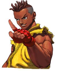 1boy black_hair brown_eyes dark-skinned_male dark_skin dougi dreadlocks earrings fingerless_gloves gloves highres ikeno_daigo jewelry male_focus muscular official_art pointing portrait sean_matsuda smile solo street_fighter street_fighter_iii_(series) very_dark_skin white_background