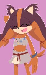 badger bracelet brown_fur brown_hair closed_eyes collar hair_tie hand_on_own_head jewelry laughing orange_fur orange_hair sakura_2739 sega skirt smile sonic_(series) sonic_boom_(series) standing sticks_the_badger strapless tube_top twintails