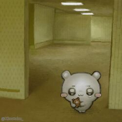 :3 backrooms_(creepypasta) blush_stickers ceiling ceiling_light chiikawa closed_mouth creature fluorescent_lamp highres holding holding_stuffed_toy holding_teddy_bear indoors kinutaku liminal_space no_humans pixel_art solo stuffed_animal stuffed_toy teddy_bear