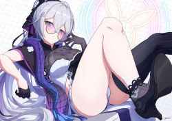 1girl adjusting_eyewear adjusting_glasses ass asymmetrical_legwear black_footwear black_gloves black_shirt blouse breasts bronya_zaychik bronya_zaychik_(heart_of_the_night) bronya_zaychik_(silverwing:_n-ex) china_dress chinese_clothes clothing_cutout dress female_focus glasses gloves grey_eyes hair_between_eyes hair_ornament hair_ribbon hair_spread_out hairpin high_heels highres honkai_(series) honkai_impact_3rd legs_up long_hair looking_at_viewer multicolored_background multicolored_dress multicolored_eyes panties pink_pupils ponytail purple-tinted_eyewear purple-tinted_glasses rabbit_ears ribbon round_eyewear semi-rimless_eyewear shirt side_cutout silver_hair sitting solo striped_clothes striped_thighhighs sunglasses tagme thick_thighs thighhighs thighs tiara tinted_eyewear underwear very_long_hair xfate