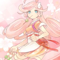 1girl apron arm_at_side blue_eyes breasts cherry_blossoms clenched_hand closed_mouth cowboy_shot curly_hair dango dress earrings flipped_bangs flipped_sidelocks floral_background food gradient_background grid_background hair_ornament holding holding_food holding_petal holding_skewer impossible_clothes japanese_clothes jewelry kimono leaning_to_the_side long_hair looking_ahead mouth_hold nobara_(konnttaku) official_alternate_costume orange_dress petals pink_hair puyopuyo puyopuyo_quest raffina_(puyopuyo) raffina_(sakura)_(puyopuyo) red_ribbon ribbon sanshoku_dango sash short_kimono short_sleeves sidelocks skewer small_breasts solo striped_clothes striped_thighhighs tasuki thighhighs very_long_hair wagashi waist_apron waist_ribbon white_apron white_sash wing_hair_ornament zettai_ryouiki