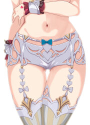 1girl absurdres bow bow_panties close-up commentary escoffier_(genshin_impact) garter_straps genshin_impact gluteal_fold hand_on_own_arm highres lower_body navel panties simple_background solo standing stomach sylux thighhighs thighs underwear white_background white_panties white_thighhighs wrist_cuffs