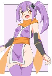 1girl absurdres blush bright_pupils brown_eyes hair_ornament highres japanese_clothes kimono kusagakure_satoko long_hair long_scarf looking_at_viewer ninja ninja_to_koroshiya_no_futarigurashi noyama_takenoko open_mouth orange_eyes orange_scarf purple_hair purple_thighhighs scarf short_kimono shuriken_hair_ornament side_ponytail sleeveless sleeveless_kimono smile solo thighhighs white_pupils wrist_guards