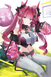 1girl absurdres arknights arknights:_endfield belt black_belt blue_hair breasts cone_hair_bun crop_top double_bun drill_hair ema_(kuguiema) grey_eyes grin hair_bun hair_intakes highres horns large_breasts long_hair looking_at_viewer midriff multicolored_hair multicolored_horns navel pants pink_hair pointy_ears sitting smile solo streaked_hair twintails two-tone_hair two-tone_horns v white_pants yvonne_(arknights)