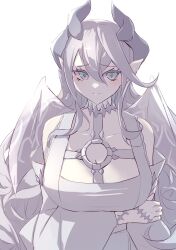 1girl absurdres arms_under_breasts bare_shoulders blush breasts cleavage dress duel_monster grey_eyes grey_hair highres kanzakietc lady_labrynth_of_the_silver_castle long_hair lovely_labrynth_of_the_silver_castle official_alternate_costume official_alternate_hairstyle pointy_ears simple_background smile solo stitches upper_body very_long_hair white_background white_dress yu-gi-oh!