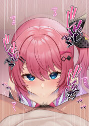 1boy 1girl :&gt;= afterimage black_jacket blue_eyes blush bow emoto_shikeko fellatio gradient_hair hair_between_eyes hair_bow hair_ornament hairclip hetero jacket kuramochi_meruto kuramochi_meruto_(1st_costume) long_hair looking_at_viewer male_pubic_hair multicolored_hair nijisanji oral orgasm penis pink_hair polka_dot polka_dot_bow pov pov_crotch pubic_hair purple_hair shirt side_ponytail sleeveless sleeveless_shirt spread_legs swept_bangs trembling virtual_youtuber white_shirt