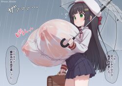 1girl bag black_hair black_skirt breasts closed_mouth covered_erect_nipples gigantic_breasts green_eyes handbag hat miniskirt nipples original pleated_skirt rain shirt skirt solo tagu_c0032 transparent transparent_umbrella umbrella wet wet_clothes wet_shirt white_hat white_shirt
