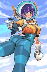 1girl 2024 arm_at_side arm_up artist_name ass backpack bag blue_bodysuit blue_sky blush bodysuit breasts ckatnha cloud cloudy_sky commentary cropped_jacket curvy day english_commentary female_focus from_behind gun headgear helmet highres holding holding_gun holding_weapon jacket juno_(overwatch) lips looking_at_viewer looking_back medium_breasts midair multicolored_hair nose_blush orange_jacket outdoors overwatch overwatch_2 purple_eyes short_hair simple_background sky smile solo space_helmet spacesuit spread_fingers standing streaked_hair thick_thighs thighs two-tone_hair weapon white_background