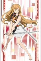 Rule 34 | 1girl, abstract background, antenna hair, armpits, artist request, asuna (sao), bare shoulders, barefoot, belt, braid, collared dress, determined, dress, dynamic pose, feet, female focus, fighting stance, focused, full body, holding, holding sword, holding weapon, legs, long hair, looking at viewer, multicolored background, multicolored dress, neck, numbers, open mouth, orange eyes, orange hair, parted bangs, pixelated, print dress, rapier, red belt, sheath, shiny skin, short dress, sleeveless, sleeveless dress, spread fingers, spread legs, standing, strapless, strapless dress, sword, sword art online, thighs, third-party edit, toenails, toes, tube dress, weapon, white dress