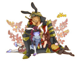 Rule 34 | 1boy, armor, blonde hair, brown eyes, coat, facial hair, fishnet top, fishnets, fuuma kotarou, hand on own hip, headband, hojo ujiyasu, jewelry, kaihime, kotaro fuuma, long hair, male focus, necklace, ponytail, rabbit ears, rabbit tail, red hair, scar, sengoku musou, skirt, smoking pipe, stubble, thighhighs