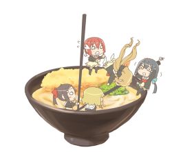 10s 5girls artist_request blonde_hair blush bow brown_hair chibi chopsticks food hair_ornament hair_ribbon in_food inubouzaki_fuu inubouzaki_itsuki long_hair miyoshi_karin multiple_girls noodles open_mouth ponytail ribbon school_uniform short_hair shrimp shrimp_tempura skirt tempura tougou_mimori yuuki_yuuna yuuki_yuuna_wa_yuusha_de_aru yuusha_de_aru