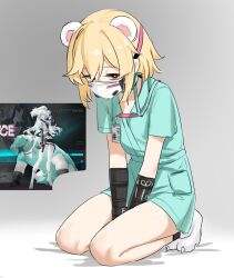 2girls animal_ears badge bear bear_ears bear_paws blonde_hair commentary_request florence_(girls&#039;_frontline_2) girls&#039;_frontline girls&#039;_frontline_2:_exilium gun handgun heart highres holding holding_gun holding_weapon kneeling long_hair mask mouth_mask multiple_girls pa-15_(girls&#039;_frontline) polar_bear red_eyes scissors shenqi_xiaohuang short_hair short_sleeves short_twintails surgical_mask twintails weapon white_mask