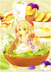 1girl ahoge blonde_hair bowl braid bread cake cheesecake cup dress drink drinking_glass drinking_straw female_focus flower food fork fruit glass green_eyes hair_flower hair_ornament in_bowl in_container in_food leaf long_hair milk mini_person minigirl original parfait plant salad sitting sleeveless sleeveless_dress smile solo strapless strapless_dress white_dress