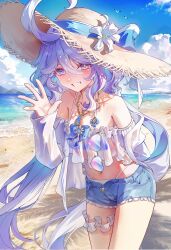 1girl absurdres alternate_costume beach blue_hair dasha day denim denim_shorts flower furina_(genshin_impact) genshin_impact grin hat highres long_hair ocean outdoors short_shorts shorts smile solo spaghetti_strap straw_hat tagme very_long_hair waving white_flower