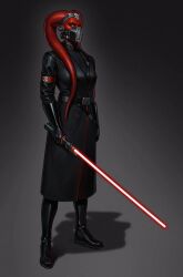 1girl alien armband birdyraider black_boots black_coat blue_eyes boots coat colored_skin energy_sword gradient_background grey_background highres holding holding_sword holding_weapon lekku_(anatomy) lightsaber long_coat looking_to_the_side mask military_uniform red_armband red_lightsaber red_skin solo star_wars sword twi&#039;lek weapon