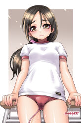 1girl against_desk blush brown_eyes brown_hair buruma desk ebifly gym_uniform long_hair masturbation object_insertion original ponytail pussy_juice pussy_juice_stain red_buruma sex_toy shirt short_sleeves solo standing thighs trembling vaginal vaginal_object_insertion vibrator vibrator_cord vibrator_under_clothes wet_buruma white_shirt