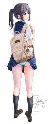 1girl aqua_panties asymmetrical_bangs backpack bag black_hair black_socks blue_eyes blue_sailor_collar blue_skirt brown_bag brown_shoes clothes_lift commentary_request from_behind full_body highres loafers looking_at_viewer looking_back miniskirt original panties pantyshot penny_loafers pleated_skirt ponytail sailor_collar school_uniform serafuku shirt shoes sidelocks signature simple_background skirt skirt_lift skyrail socks solo turning_head twitter_username underwear watermark white_background white_shirt