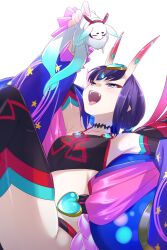 1girl animal bare_shoulders blunt_bangs bob_cut breasts choker collarbone echo_(circa) eyeliner fangs fate/grand_order fate_(series) gem hair_ornament haku_(fate) headpiece heart heart_hair_ornament horns japanese_clothes kimono makeup medium_breasts off_shoulder oni open_mouth purple_eyes purple_hair short_eyebrows shuten_douji_(fate) shuten_douji_(fate/grand_order) shuten_douji_(halloween_caster)_(fate) simple_background skin-covered_horns thighhighs wide_sleeves
