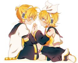 1boy 1girl bare_shoulders birthday black_leg_warmers black_sailor_collar black_shorts black_sleeves blonde_hair blue_eyes bow bow_hairband brother_and_sister commentary crop_top crop_top_overhang detached_sleeves english_text eye_contact eyes_visible_through_hair frilled_shirt frills from_side hair_between_eyes hair_bow hair_ornament hairband hairclip happy_birthday headset heart highres holding_hands kagamine_len kagamine_rin knees leg_warmers looking_at_another mattari_haruto messy_hair midriff neckerchief necktie open_mouth ponytail sailor_collar shirt shoes short_hair short_ponytail shorts shoulder_tattoo siblings simple_background smile tattoo twins vocaloid white_background white_bow white_shirt white_shoes wide_sleeves yellow_neckerchief yellow_necktie