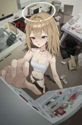 1girl absurdres barefoot black_eyes black_panties black_wings breasts broken_halo brown_hair camisole can cooking_pot drink_can fallen_angel from_above halo highres long_hair low_wings mansu_(user_pnmp4287) medium_breasts microwave navel neck_tattoo original panties plate refrigerator_interior single_wing sink tattoo trash_bag underwear white_camisole wings