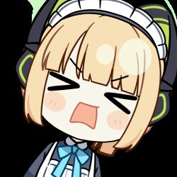 Rule 34 | &gt; &lt;, 1girl, animal ear headphones, animal ears, animated, animated gif, apron, aqua bow, aqua bowtie, black dress, blonde hair, blue archive, blunt bangs, blunt ends, blush stickers, bow, bowtie, cat ear headphones, cat ears, chibi, chunye haruya, closed eyes, collared dress, commission, contrast collar, dress, facing viewer, fake animal ears, green halo, halo, headphones, long sleeves, lowres, maid, maid apron, maid headdress, midori (blue archive), midori (maid) (blue archive), missing commentary, official alternate costume, official alternate hairstyle, open mouth, ponytail, second-party source, short hair, shouting, sidelocks, simple background, solo, transparent background, upper body, v-shaped eyebrows, white apron, white headdress