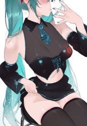 1girl aqua_hair aqua_nails aqua_necktie bare_shoulders black_skirt black_thighhighs blush breasts cellphone clothes_lift commentary detached_sleeves english_commentary eyes_out_of_frame hatsune_miku head_out_of_frame highres holding holding_phone lifting_own_clothes long_hair miychi nail_polish necktie no_panties on_stool phone photo-referenced selfie simple_background sitting skirt skirt_lift smartphone solo thighhighs twintails very_long_hair vocaloid white_background