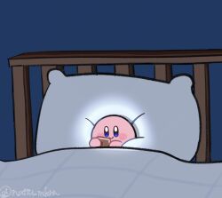 bed blue_background blush_stickers colored_skin highres holding holding_phone kirby kirby_(series) looking_at_phone nachi_(nattu_mkrn) nintendo no_humans on_bed phone pillow pink_skin solo twitter_username under_covers