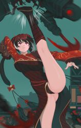 battle black_dress black_panties closed_mouth double_bun dress hair_bun high_kick highres jia_xichun_(project_moon) kicking limbus_company multicolored_hair panties pink_eyes project_moon red_shrug spread_legs streaked_hair twintails underwear wangxiii white_hair wide_spread_legs