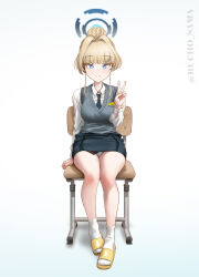 1girl absurdres blonde_hair blue_archive blue_eyes bucho_sama halo highres panties school_uniform slippers socks toki_(blue_archive) underwear v white_panties white_socks