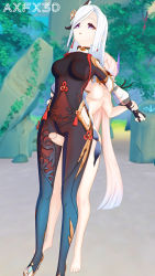 1futa 1girl 3d :o absurdres arm_grab axfx3d blonde_hair breasts clothed_female_nude_female clothed_sex erection frottage futa_with_female futanari genshin_impact grabbing_from_behind highres large_breasts large_penis long_hair medium_breasts multiple_girls nude open_mouth penis ponytail purple_eyes rubbing sangonomiya_kokomi shenhe_(genshin_impact) size_difference thigh_sex white_hair