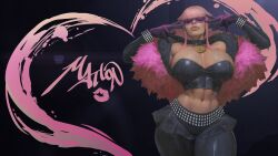 1girl abs absurdres black_gloves bracelet breasts character_name commentary gloves highres huge_breasts ickpot jewelry manon_legrand muscular muscular_female navel official_alternate_costume pendant_choker short_hair_with_long_locks solo stomach street_fighter street_fighter_6 sunglasses tight_clothes