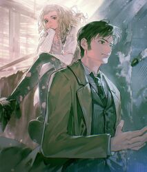 Rule 34 | 1boy, 1girl, absurdres, ankle boots, black boots, black hair, black jacket, black leggings, black necktie, blonde hair, boots, brown coat, brown eyes, closed mouth, coat, collared shirt, crossed legs, doctor who, grey eyes, hand on own chin, head rest, highres, jacket, leggings, long sleeves, looking at viewer, looking to the side, medium hair, necktie, open clothes, open coat, open jacket, outdoors, pinstripe jacket, pinstripe pattern, pudding49500, rose tyler, shirt, short hair, sideburns, sleeveless, sleeveless jacket, sonic screwdriver, tenth doctor (doctor who), the doctor (doctor who), torn clothes, torn leggings, torn sleeves, very short hair, wavy hair, white shirt