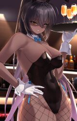 1girl absurdres black_hair blue_archive bottle bow bowtie breasts champagne_flute cleavage cup dark-skinned_female dark_skin detached_collar drinking_glass eyeliner fishnet_pantyhose fishnets glaring gloves hair_between_eyes hand_on_own_hip highres karin_(blue_archive) karin_(bunny)_(blue_archive) large_breasts leotard long_hair looking_at_viewer makeup mikelee0614 multicolored_hair pantyhose parted_lips playboy_bunny ponytail purple_hair shaded_face solo tray two-tone_hair variant_set white_gloves wrist_cuffs yellow_eyes