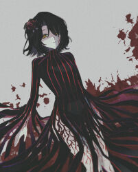 1girl black_dress black_hair blood body_markings closed_mouth commentary cosplay dark_sakura dark_sakura_(cosplay) dress fate/stay_night fate_(series) finsuess flower grey_background hair_flower hair_ornament heaven&#039;s_feel highres matou_sakura red_flower red_rose rose short_hair striped_clothes striped_dress umineko_no_naku_koro_ni vertical-striped_clothes vertical-striped_dress yasu_(umineko) yellow_eyes