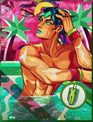 1boy abs aqua_lips arizuume blue_hair comic_panel_redraw commentary derivative_work earrings english_commentary green_eyes green_headband hand_on_own_head headband highres jewelry jojo_no_kimyou_na_bouken kishibe_rohan makeup male_focus muscular palm_tree partially_submerged pink_sky pool short_hair sky solo stopwatch the_jojolands topless_male tree watch water wet wet_hair wristband zoom_layer