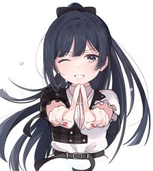 Rule 34 | 1girl, belt, black belt, blush, cherry bomb (love live!), cropped torso, frilled sleeves, frills, highres, jacket, long hair, looking at viewer, love live!, love live! nijigasaki high school idol club, multicolored jacket, notyu maru, one eye closed, plaid clothes, plaid jacket, ponytail, red nails, sidelocks, smile, solo, sweat, swept bangs, white background, white jacket, yuki setsuna