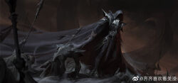 1boy armor armored_shoes battle black_cloak black_pants breastplate cloak cloud cloudy_sky corpse covered_face dutch_angle fantasy grey_shoes highres hood hood_up hooded_cloak liushuo long_sleeves male_focus original outdoors pants realistic shoes sky solo_focus standing torn_clothes war watermark weibo_watermark