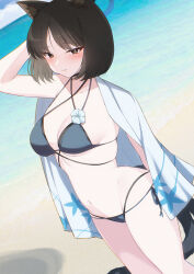1girl absurdres animal_ear_fluff animal_ears arm_up beach bikini black_bikini blue_archive blue_halo blue_sky blush breasts brown_eyes brown_hair chimunge closed_mouth cloud collarbone commentary_request day halo highres horizon kikyou_(blue_archive) looking_at_viewer medium_breasts navel ocean outdoors short_hair sky solo standing swimsuit towel underboob