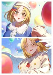 Rule 34 | 2girls, :d, absurdres, adapted costume, angel wings, balloon, blonde hair, breasts, commentary request, feathered wings, gengetsu (touhou), gensokyo, guumin, happy, hat, highres, holding hands, long sleeves, medium breasts, medium hair, mugetsu (touhou), multiple girls, open mouth, outdoors, shirt, smile, touhou, touhou (pc-98), white hat, white shirt, white wings, wings, yellow eyes